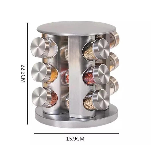 Porta Tempero Giratório de Inox 12 Potes de Vidro