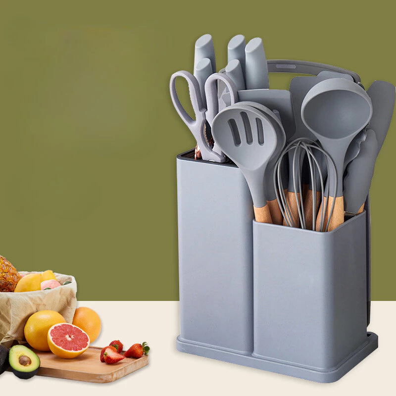 Kit 19 Peças Jogo de Utensílios de Cozinha em Silicone com Cabo de Madeira