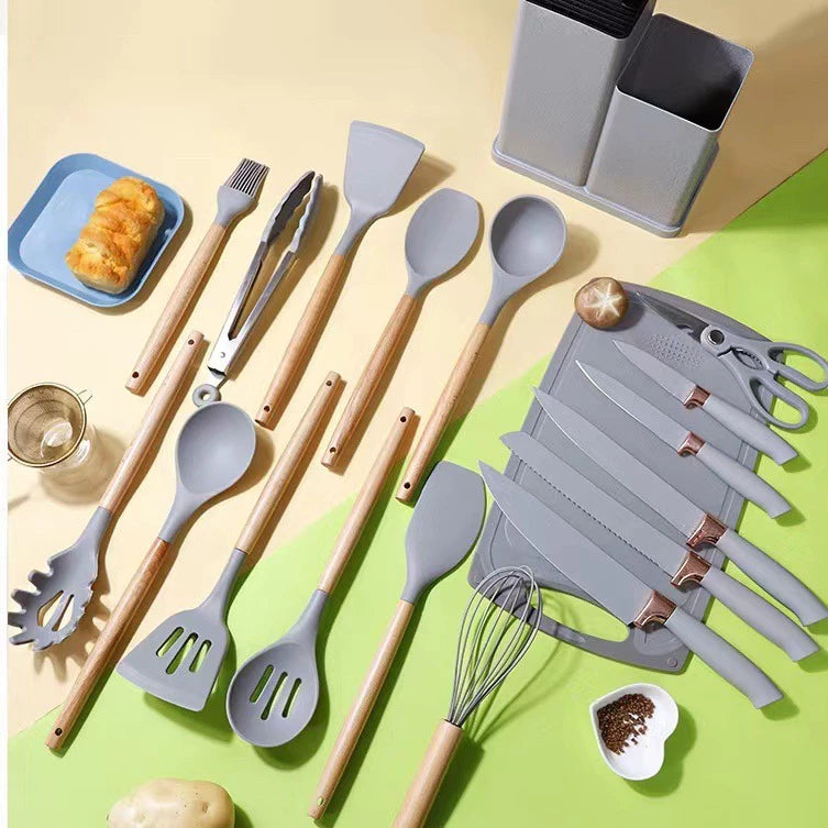 Kit 19 Peças Jogo de Utensílios de Cozinha em Silicone com Cabo de Madeira