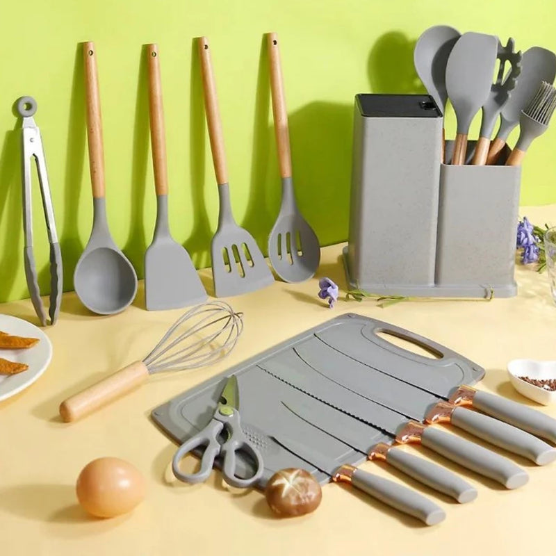 Kit 19 Peças Jogo de Utensílios de Cozinha em Silicone com Cabo de Madeira