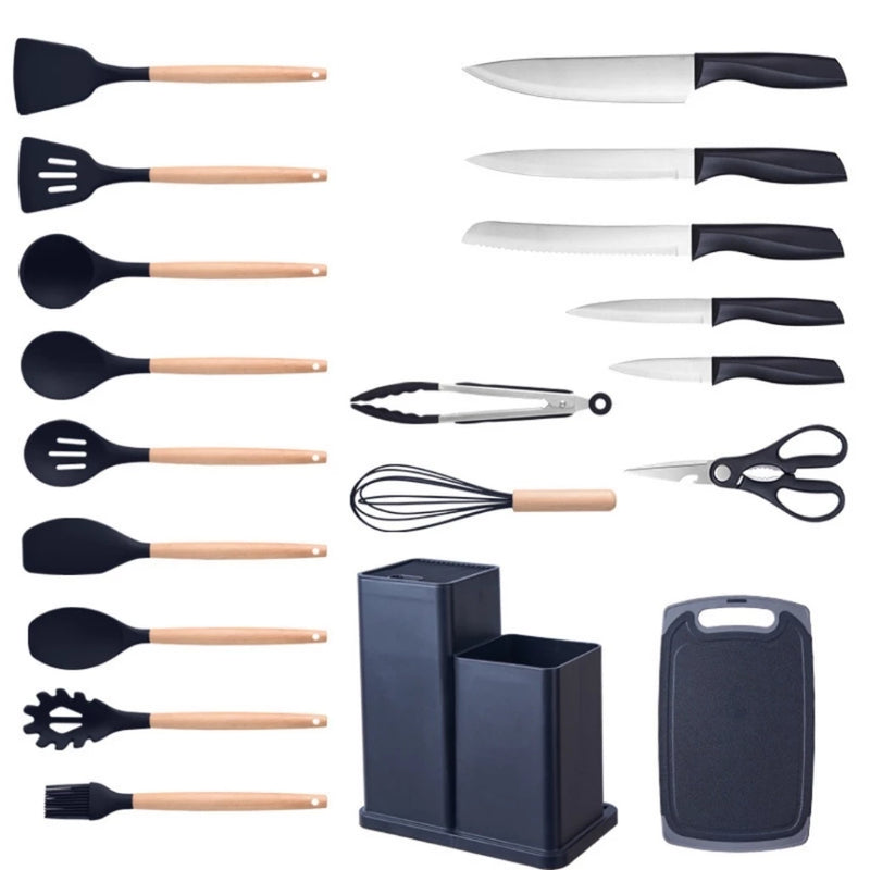 Kit 19 Peças Jogo de Utensílios de Cozinha em Silicone com Cabo de Madeira