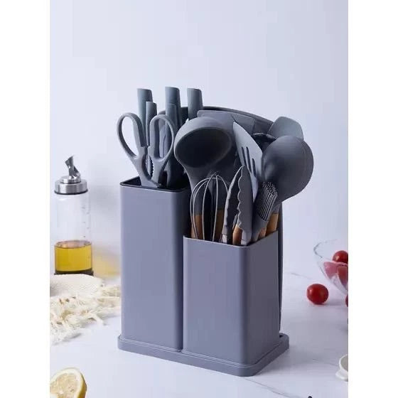 Kit 19 Peças Jogo de Utensílios de Cozinha em Silicone com Cabo de Madeira