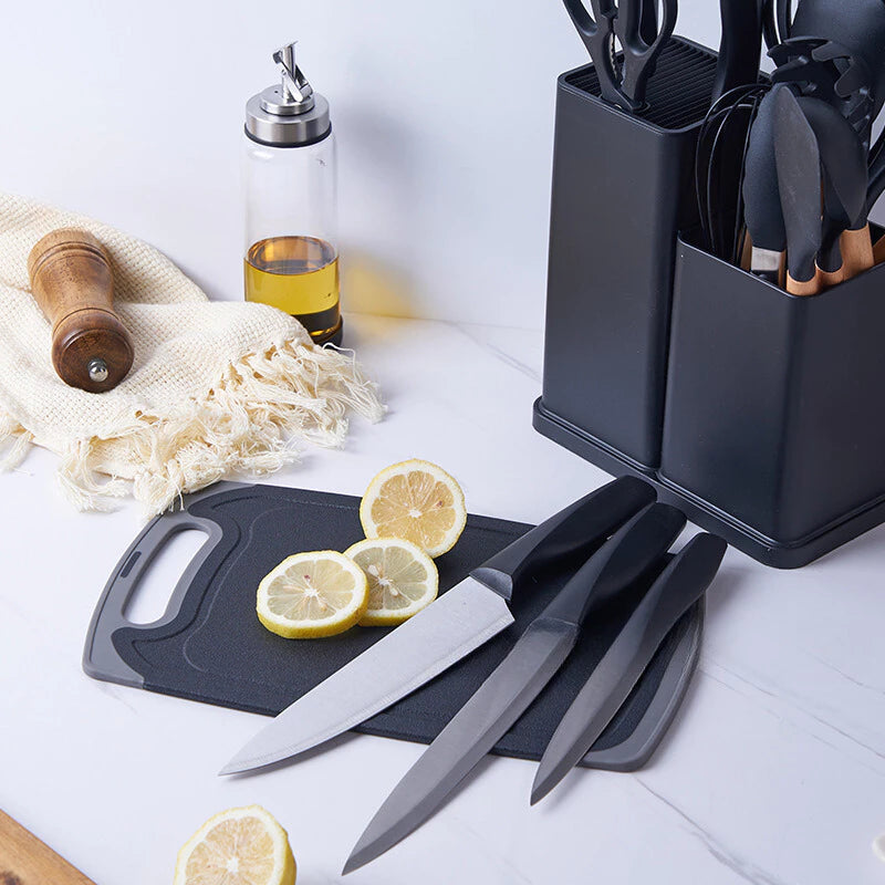 Kit 19 Peças Jogo de Utensílios de Cozinha em Silicone com Cabo de Madeira